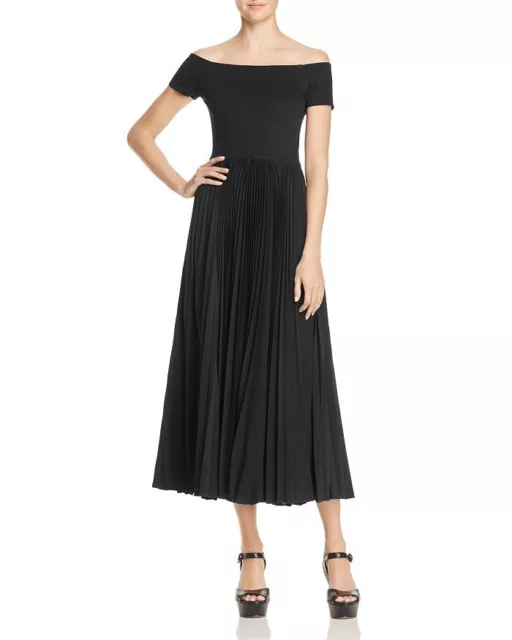 NWT Alice + Olivia Ilana Off-The-Shoulder Plissé Tea-Length Dress Black size 2