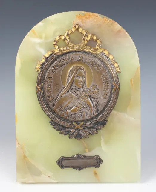 Antique French Onyx & Brass Saint Therese of Infant Jesus Religious Icon Plaque