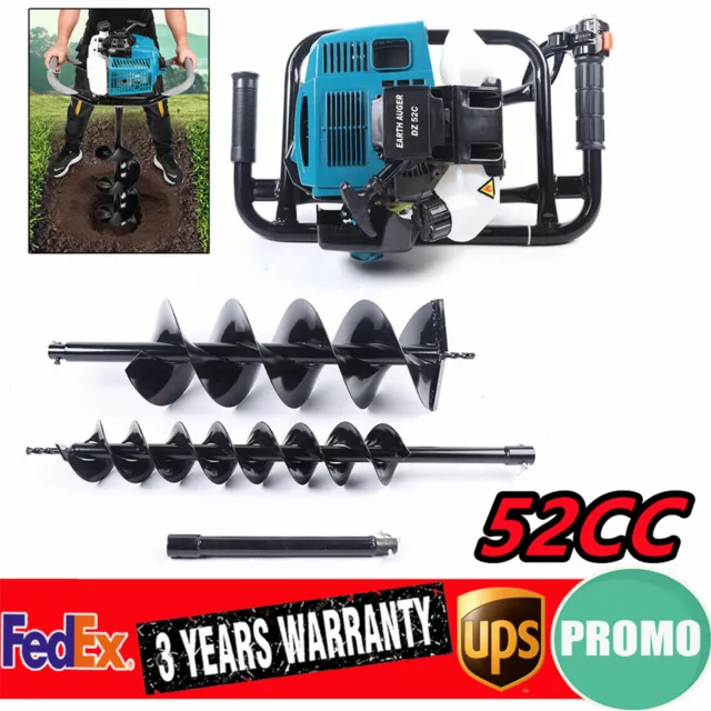 Post Hole Digger Gas Powered Earth Auger Drill Machine with 2 Bits 52cc 2 Stroke