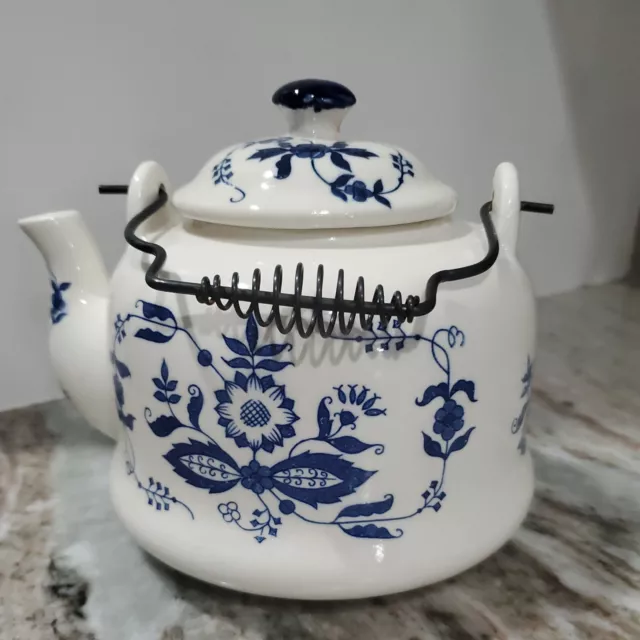 Vintage Brass Teapot Kettle Ceramic Porcelain Blue White Handle Details 