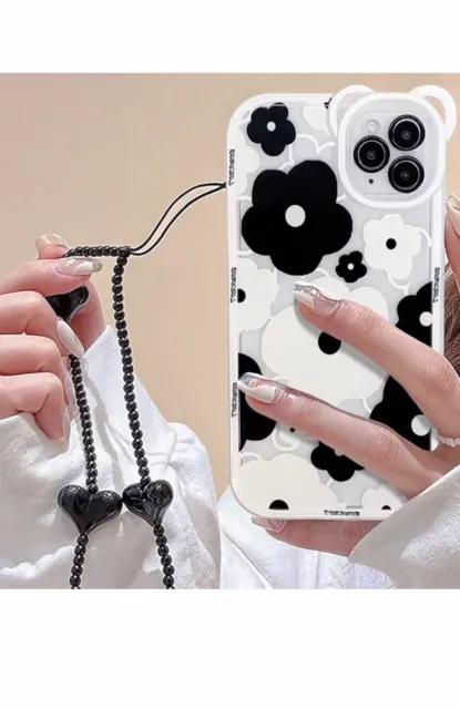 iPhone 11 ProMax Case Cute Black & White Flower Hearts Wristlet Strap Lanyard