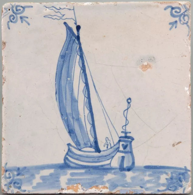 Nice Dutch Delft Blue tile, sailboat, mid 17th. century.
