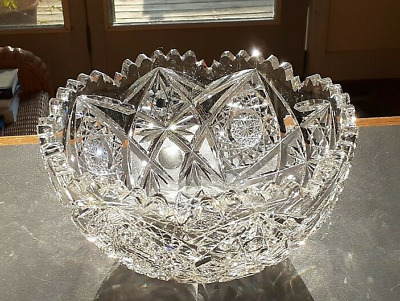 VTG American Brilliant Period Cut Glass Large Round Bowl-Sawtooth Edge S Brand