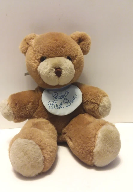 VGN 1989 Hallmark BABY'S FIRST BEAR Wind-Up Musical Plush 10" Blue Bib Heartline