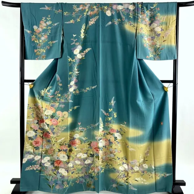 Japanese kimono  "HOUMONGI" SILK,KIKU菊,Bush clover, Green-Blue,Blur,L5'5"..3362