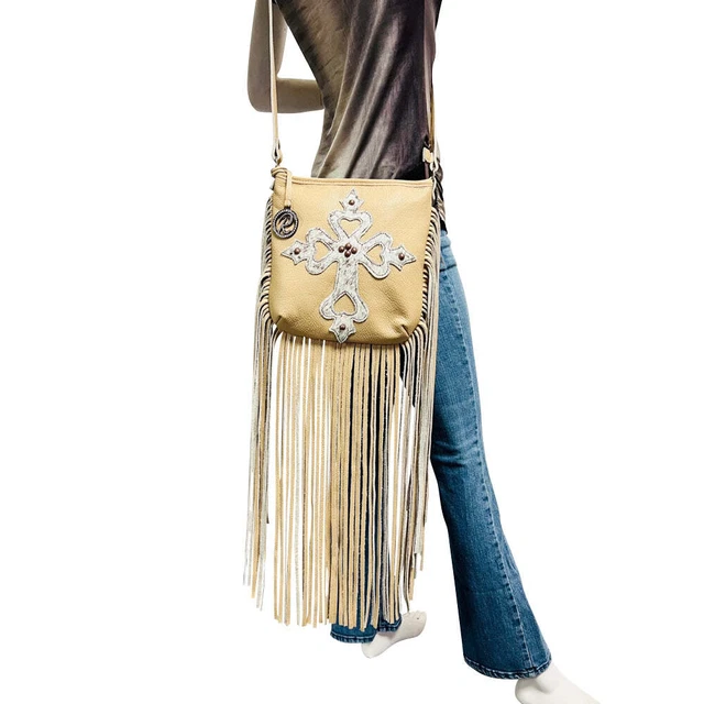 Raviani New Long Fringe Crossbody Bag W/Cross In Tan Color Leather