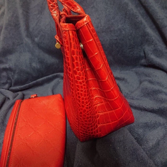 Longchamp Handbag Tote Croc Embossed ROSEAU Rozo Red with Pouch Made in France 2