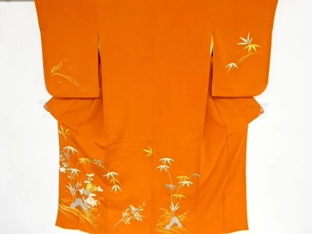39345# Japanese Kimono / Antique Kimono /Embroidery /  Rough Wave & Bamboo G