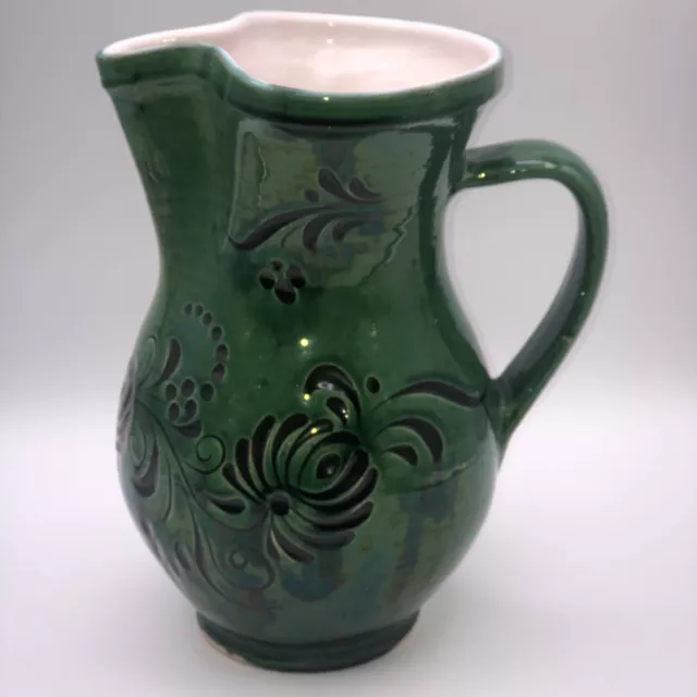 Hungarian Folk Art Red Ware Pitcher Sgrafitto Honeysuckle Design Green and Black