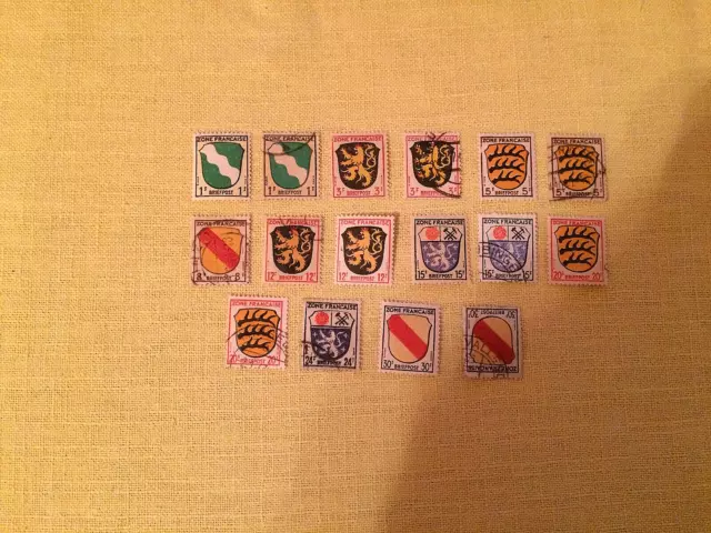 34 Marken Französische Zone 1945-1948 Freimarkenserie Länderwappen, Währungsbez.