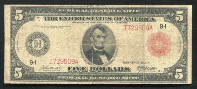 FR. 840b 1914 $5 FIVE DOLLARS RED SEAL FRN FEDERAL RESERVE NOTE MINNEAPOLIS, MN 
