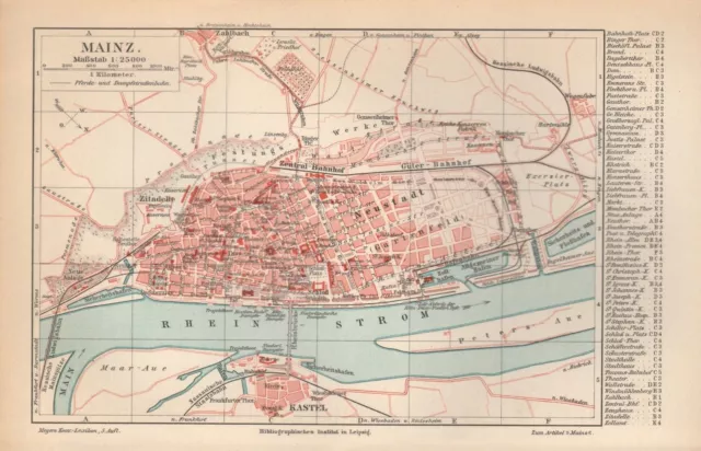 MAINZ Zitadelle Kastel Festungswerke historischer Stadtplan von 1896 City Map