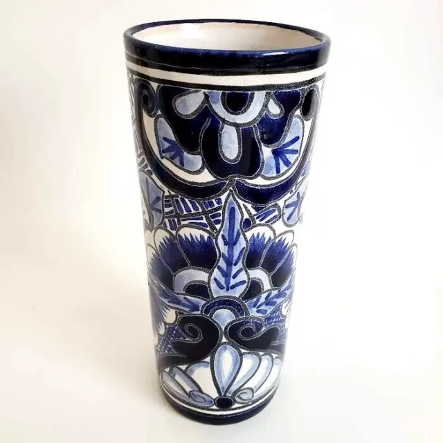Mexican Blue White Hand Painted Talavera Cylinder Vase Tube Cup Tall Glass 7"