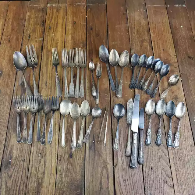 Lot of 39 Silver Plated silverware Knifes Forks Spoons Serving