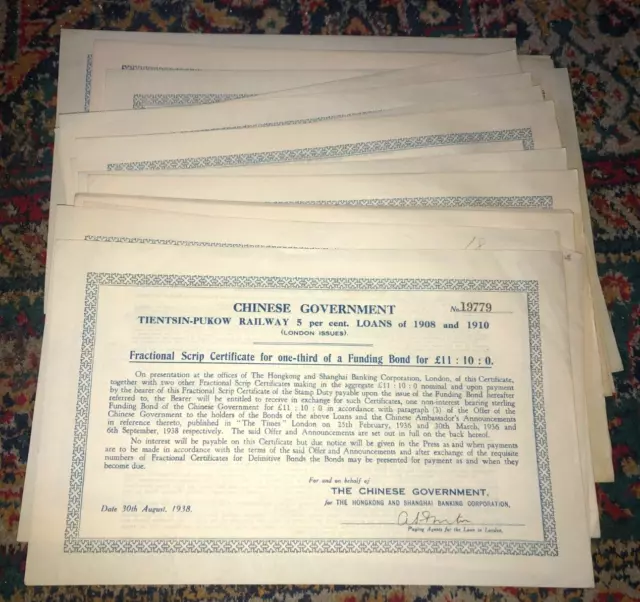 27 CHINESE GOVERNMENT TIENTSIN-PUKOW RAILWAY Loans 1908 1910 scrip certificate