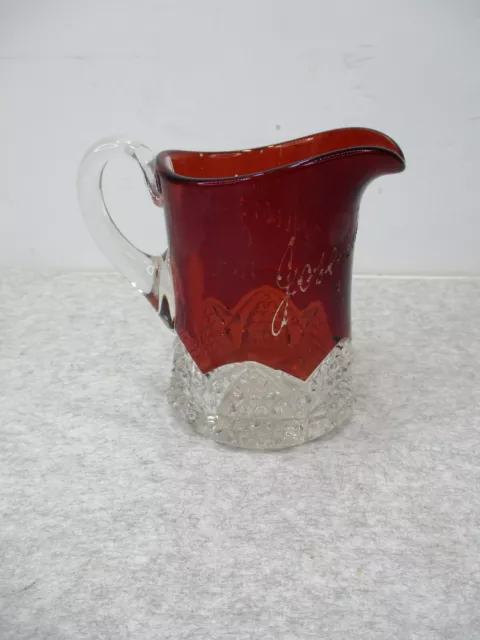 Antique Ruby Red Flash Glass Souvenir Pitcher Creamer Josephine Schutz 1904