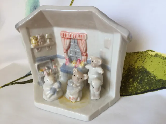 Ceramic Ornament Bears & Rabbit in the Nursery with Dolls & Horse