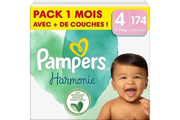Pampers Couches Harmonie Taille 4 (9-14 kg), 174 Couches Bébé, Pack 1 Mois, 100%