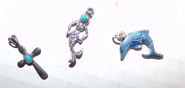 3 Sterling Silver Pendant Charm Douphin Mermaid & Cross W/ Turquoise