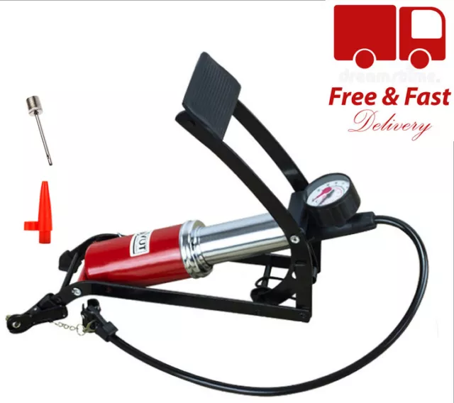 Foot Pump With Pressure Gauge Air Inflator Car Bike Tyre Airbeds Bicycle Uk