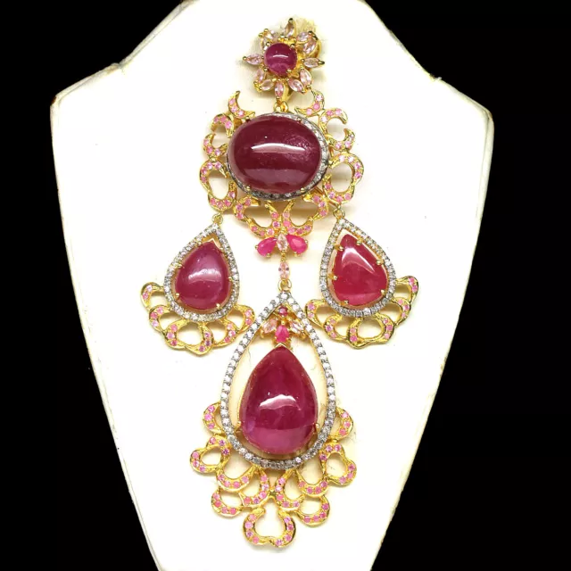 Gemstone Red Ruby, Sapphire & Zircon Brooch/Pendant 925 Silver 18K Gold