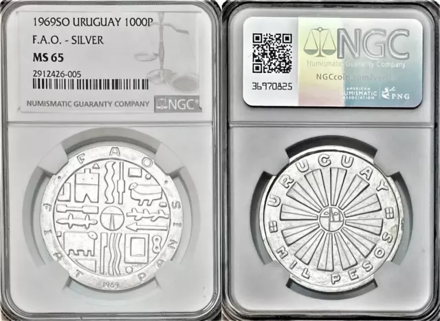 1969-So Uruguay 1000 Pesos FAO .900 Silver NGC MS 65 KM# 55