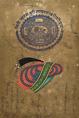 Rajasthan Peinture Miniature De Turban Sur Vieux Stamp Papier Indien Vintage Art