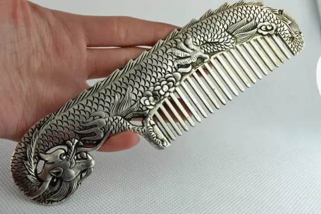 Old Collectibles Decorated Miao Silver Handwork Carved Dragon Elegant Comb