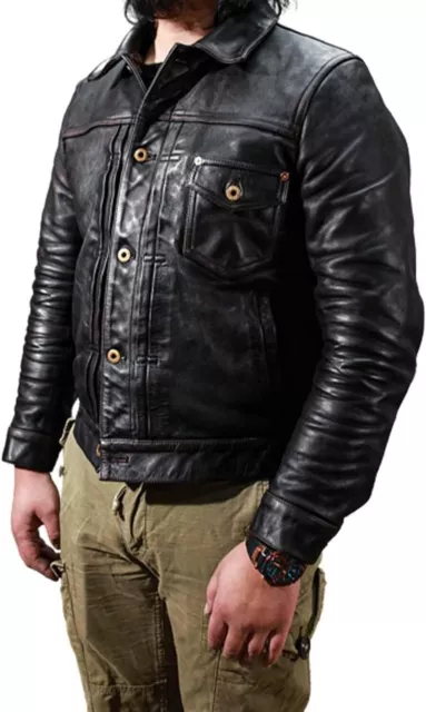 Men's Slim Trucker Biker Motorcycle | Classic Black Cowhide Leather Jacket