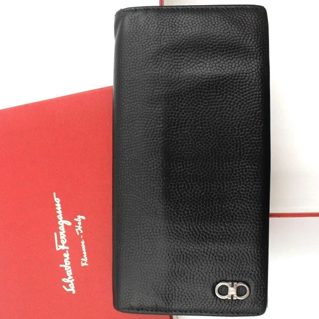 Salvatore Ferragamo Black Leather Long Wallet Embossing Double Gancini