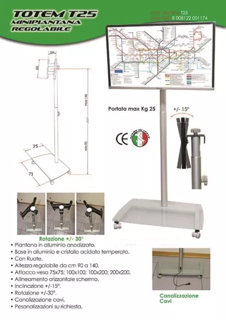 Porta tv a piantana base in vetro temperato altezza regolabile e ruote  mod. T25