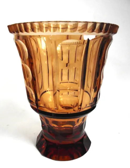 Antique Bohemian 9" AMBER PINK ROSE CZECH Deco Facet Cut Crystal Glass Vase VTG