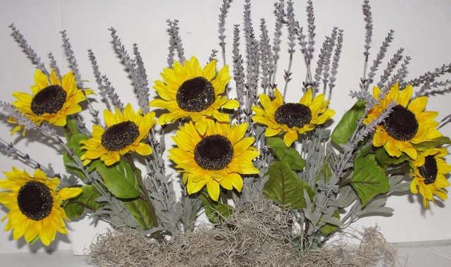 Arreglo caja de ventana de lavanda girasoles amarillo rural se adapta a tu caja de 24