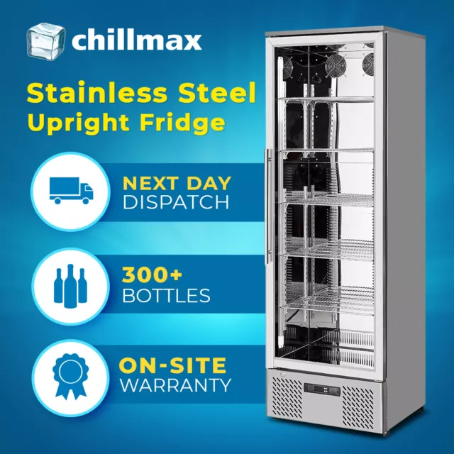 Chillmax Commercial Glass Upright Fridge 293L Stainless Steel Chiller