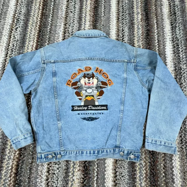 Vintage Harley Davidson Jacket Men Small Denim Looney Tunes Taz Road Hog 90s Y2K