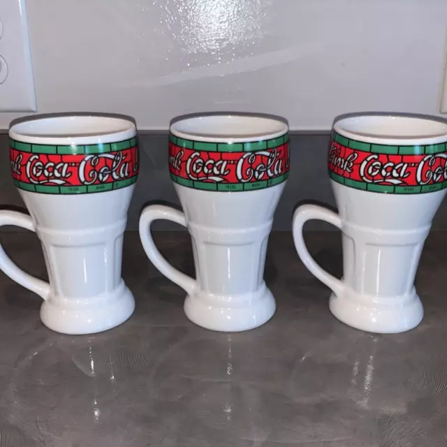 Vintage Coca Cola Mugs Ceramic Drinking Glasses 3 White Green Red Mann Made