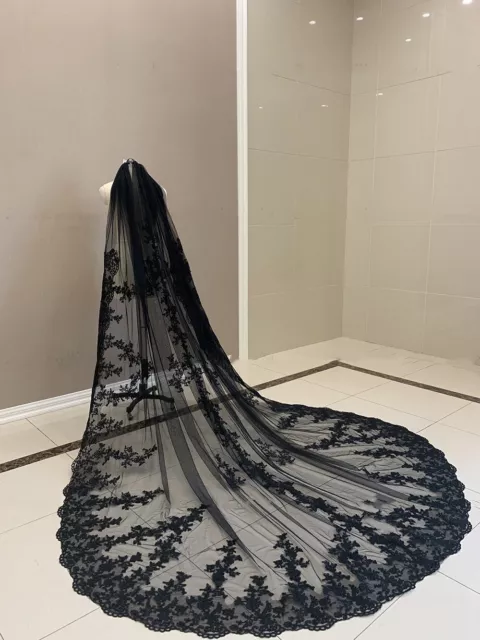 Black Gothic Wedding Veil 3 M Long 1 Layer Lace Cathedral Length Veil With Comb 2