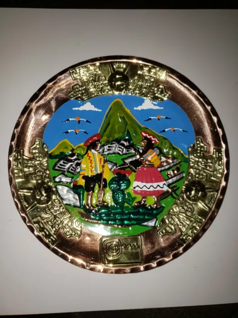 Peru Souvenir Wall Plate in Hammered Copper & Brass Hand Painted BEAUTIFUL😍