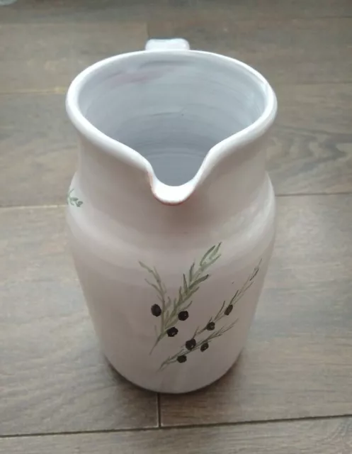 Studio Artisan Pottery Stoneware Jug Vase White Hand-Painted Olive Branch