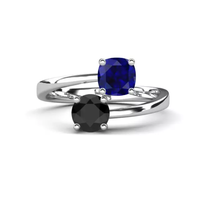 Cushion Lab Created Blue Sapphire & Black Diamond Promise Ring 14K Gold JP317753
