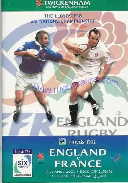 ENGLAND v FRANCE 2001 RUGBY PROGRAMME 7 APRIL - TWICKENHAM