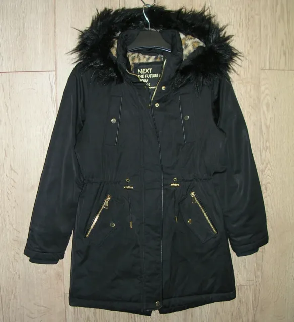 NEXT Girls Black Animal Fleece Lined Hooded Jacket Winter Coat Age 11 146cm