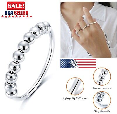 925 Sterling Silver Anti Anxiety Ring with Beads Women Men Spinner Fidget Rings