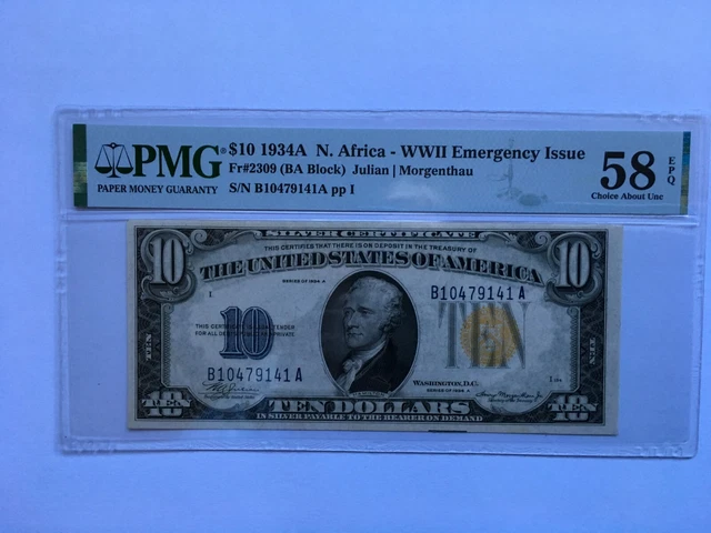 US Silver Certificate $10 1934A N. Africa WWII Emergency Issue Fr#2309 BA Block