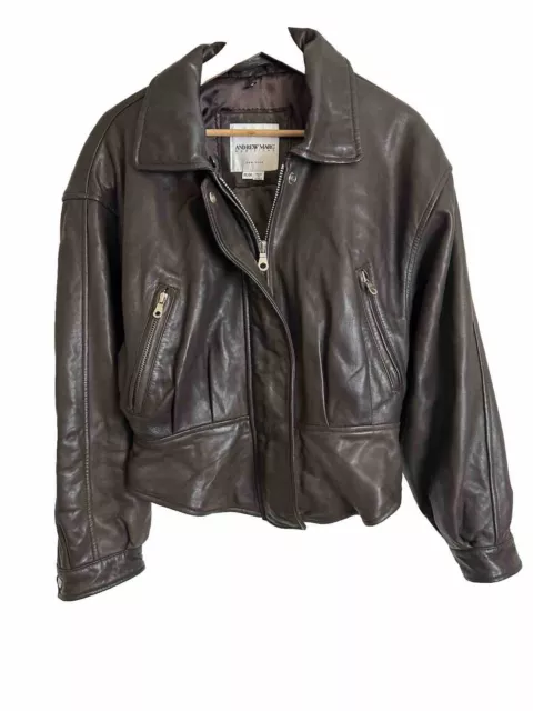 Andrew Marc Additions Soft Brown Leather Jacket Women’s SZ M Bomber Designer F2