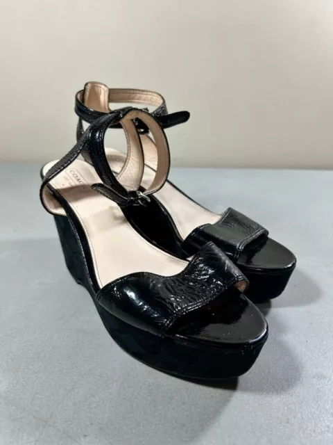 Coach women black leather monogram ankle strap Nalene platform wedge sandals 8.5