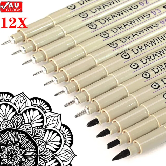 12Pcs Line Markers Plastic Drawing Pens Fine Point Line Painting Pens  Compatible Writing Painting 005 01 02 03 04 05 08 Brush Different Tip Black  Fine