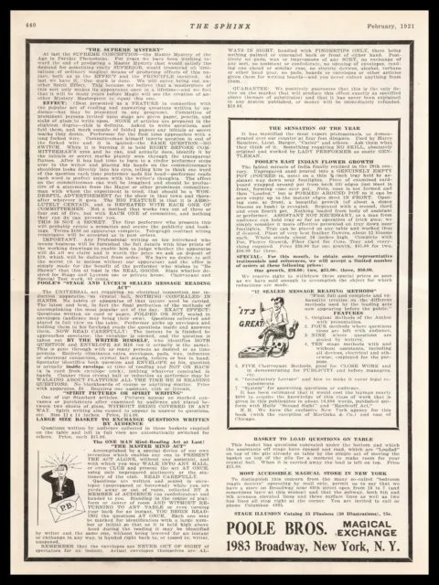 1921 Poole Bros. New York NY Mindreading Magic Trick Props Vintage Print Ad