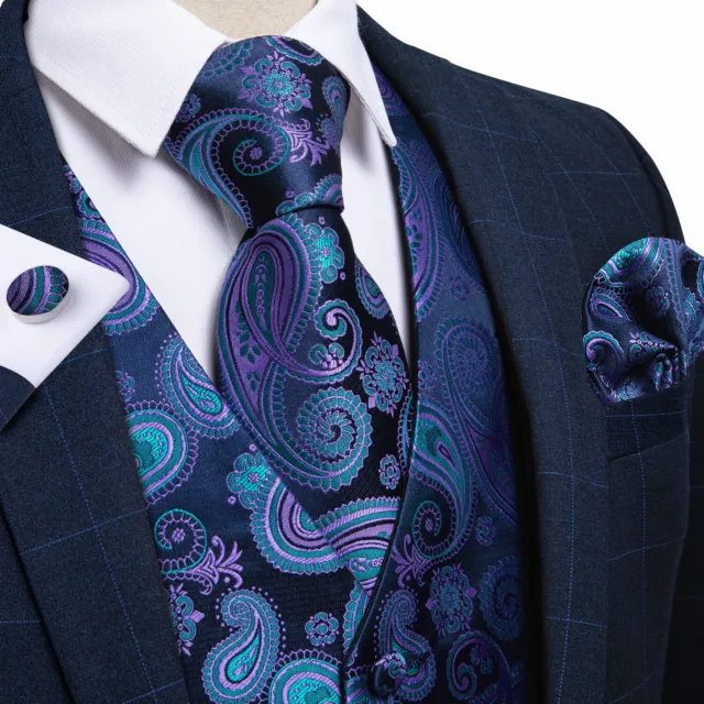 UK Blue Vest set Mens Waistcoat Paisley Floral Regular Vest Suit Tie Set Wedding