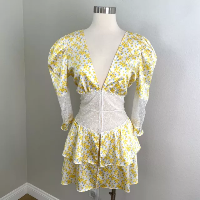 For Love & Lemons Womens Medium Daffodil Yellow Floral Tiered Satin Dress Robe